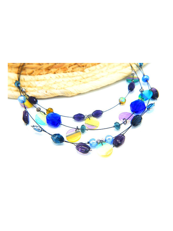 Collier 3 rangs cables perles bleutées 