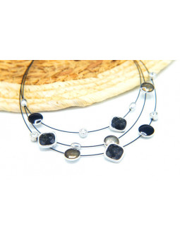 Collier 3 rangs cables noirs perles 
