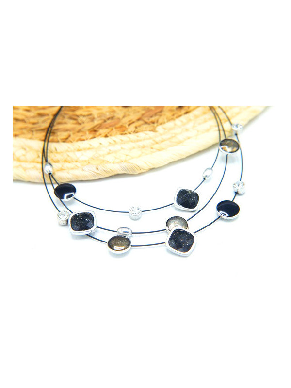 Collier 3 rangs cables noirs perles 