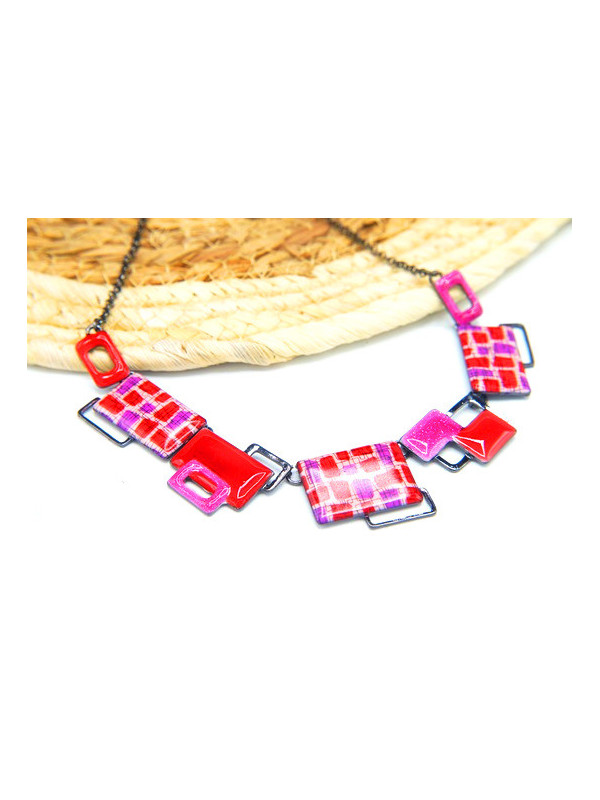 Collier rectangles émail rouge rose 