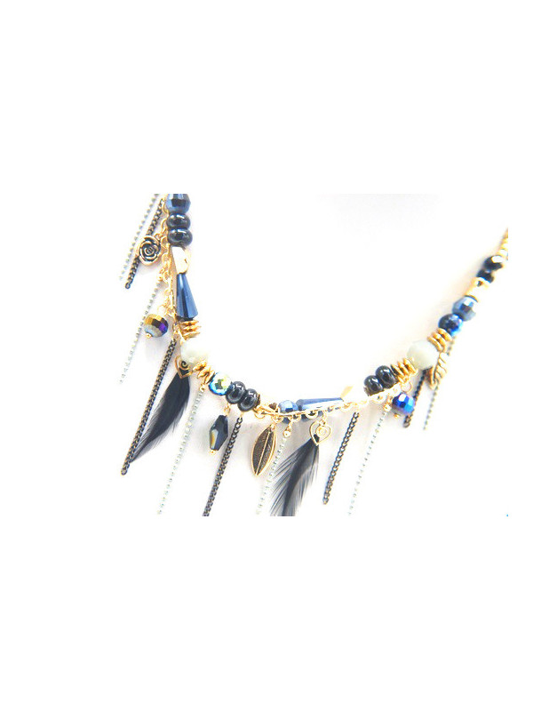Collier ethnique plumes perles chainettes 