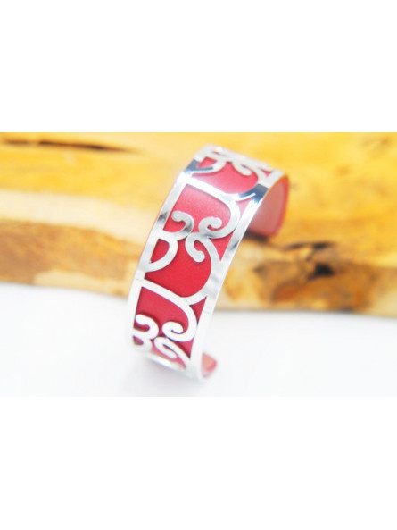 Bracelet fantaisie bordeaux courbes argentées 