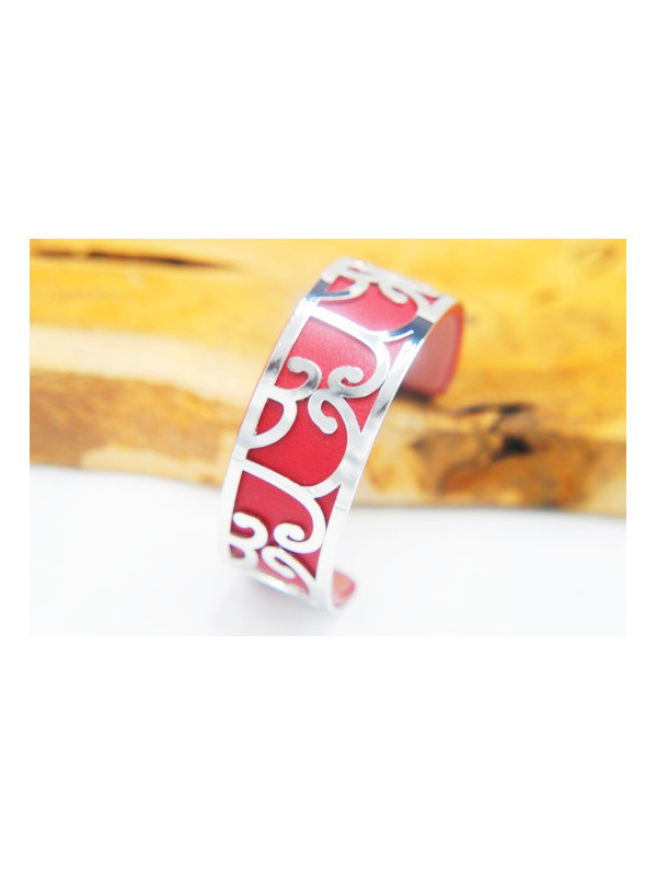 Bracelet fantaisie bordeaux courbes argentées 