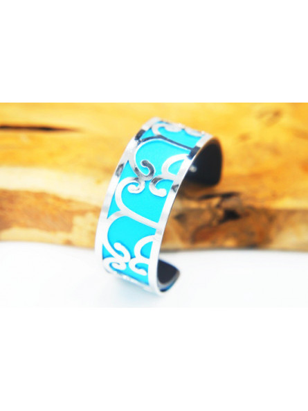 Bracelet fantaisie courbes argent fond turquoise 