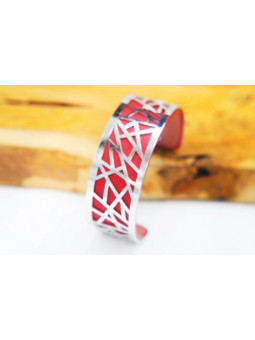 Bracelet fantaisie puzzle ajouré argent fond bordeau 