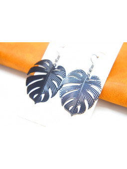 Boucles d'oreilles feuilles métal noir 