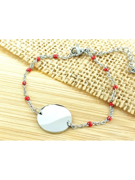Bracelet Acier rondeur argent perles rouges 