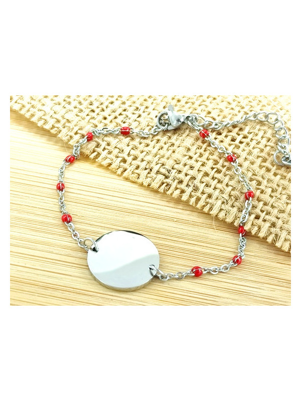 Bracelet Acier rondeur argent perles rouges 