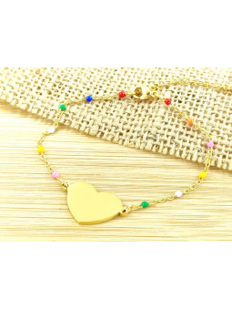 Bracelet Acier coeur doré perles multicolores 