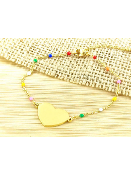 Bracelet Acier coeur doré perles multicolores 