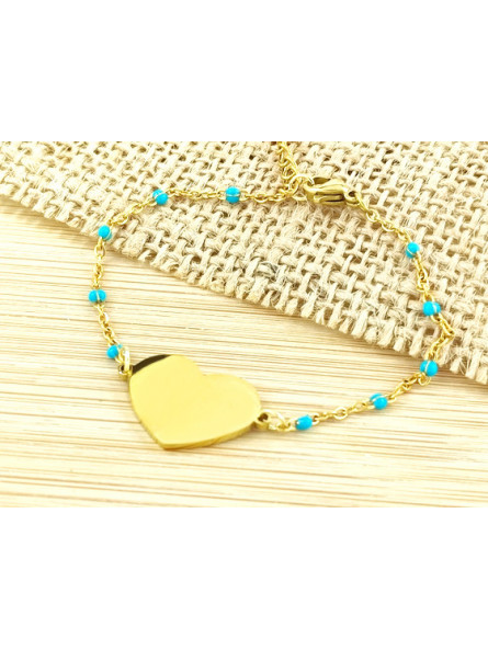 Bracelet Acier coeur doré perles turquoises 