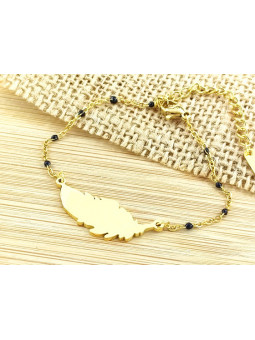 Bracelet Acier plume dorée perles noires 