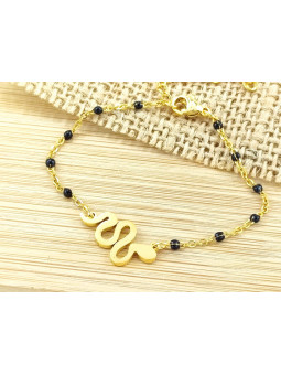 Bracelet Acier serpent doré perles noires 