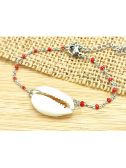 Bracelet Acier coquillage perles rouges 