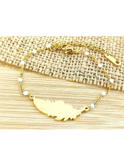 Bracelet Acier plumes dorée perles blanches 