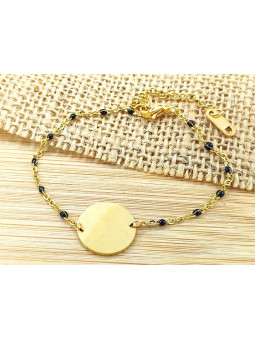 Bracelet Acier plateau doré perles noires 