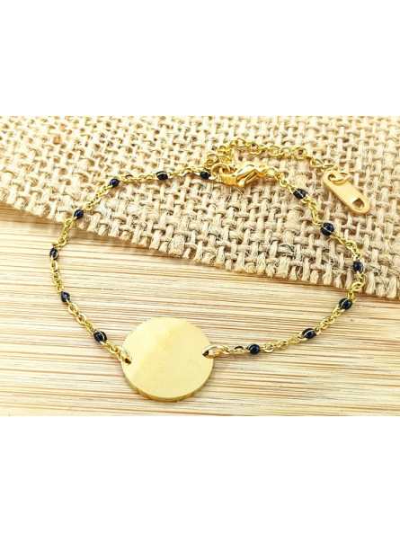 Bracelet Acier plateau doré perles noires 