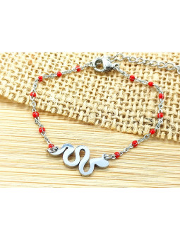 Bracelet Acier serpent argent perles rouges 