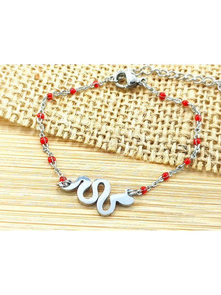 Bracelet Acier serpent argent perles rouges 