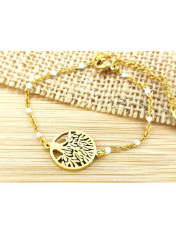 Bracelet Acier arbre doré perles blanches 