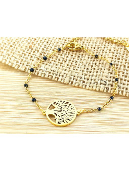 Bracelet Acier arbre doré perles noires 