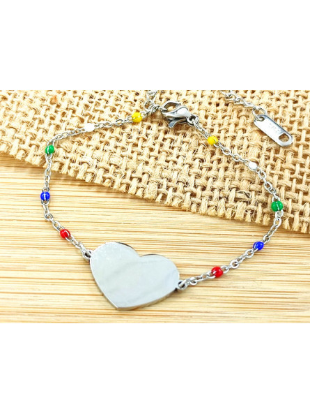 Bracelet Acier coeur argent perles multicolores 