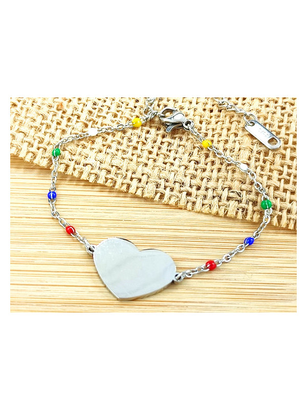 Bracelet Acier coeur argent perles multicolores 
