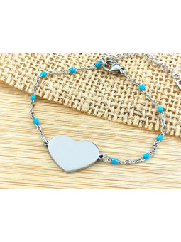 Bracelet Acier coeur argent perles turquoises 