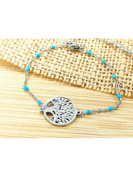 Bracelet Acier arbre argent perles turquoises 