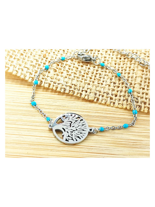 Bracelet Acier arbre argent perles turquoises 