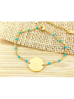 Bracelet Acier plateau doré perles turquoises 