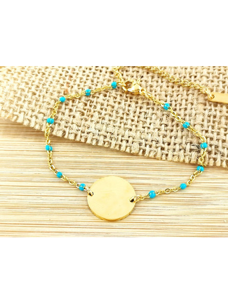 Bracelet Acier plateau doré perles turquoises 