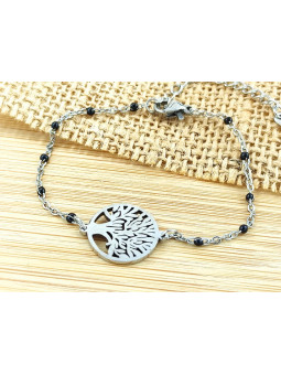 Bracelet Acier arbre vie argent perles noires 