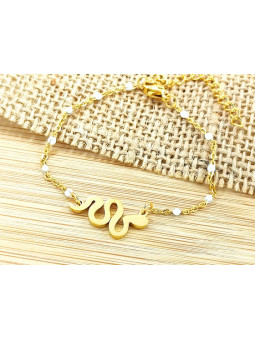 Bracelet Acier serpent doré perles blanches 