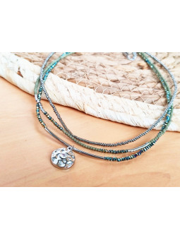 Collier Acier 3 rangs perles vertes plateau argent 