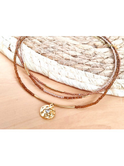 Collier Acier 3 rangs perles brunes plateau doré 