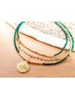Collier Acier 3 rangs perles vertes rondeur dorée 