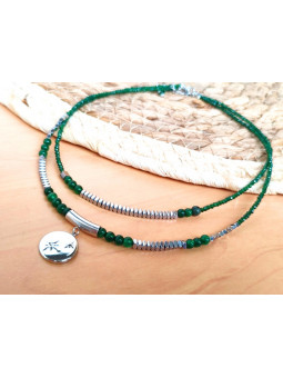 Collier Acier 2 rangs perles vertes 