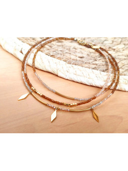 Collier Acier 3 rangs perles brunes lances dorées 