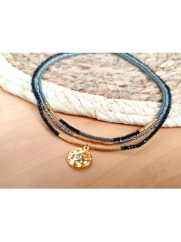 Collier Acier 3 rangs perles noires grises plateau doré 