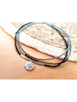 Collier Acier 3 rangs perles noires grises rondeur argent 