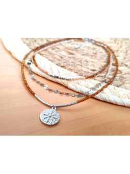 Collier Acier 3 rangs médaillon argent perles 