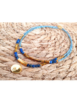 Collier Acier 2 rangs perles bleues dorées 