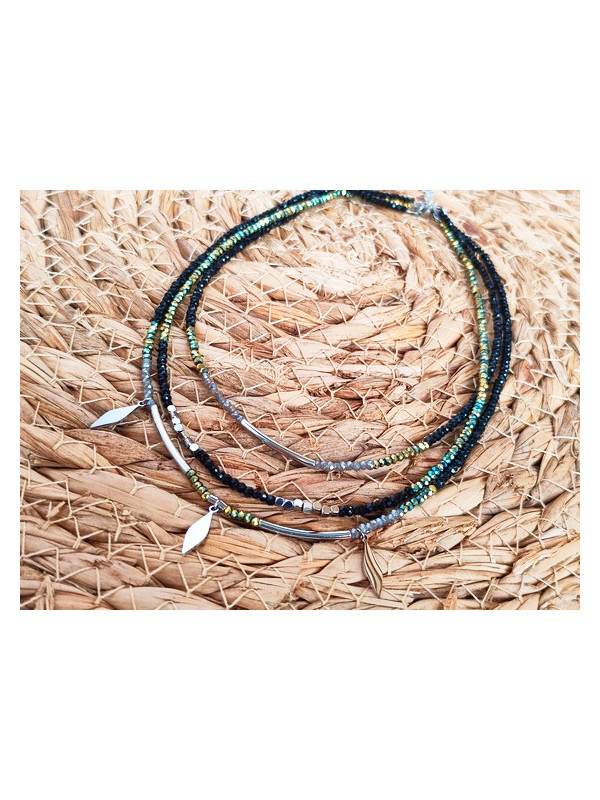 Collier Acier 3 rangs perles noires vertes lances argent 