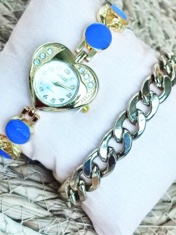 Montre coeur bleu gourmette dorée 