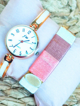 Montre dorée blanc & Bracelet 