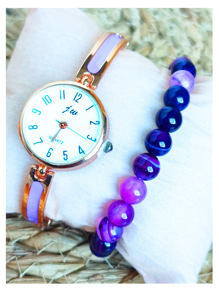 Montre & Bracelet perles violettes 
