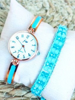 Montre dorée & Bracelet turquoises 
