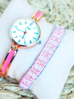 Montre dorée & Bracelet rose 