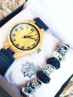 Montre noire bois & Bracelet charms 